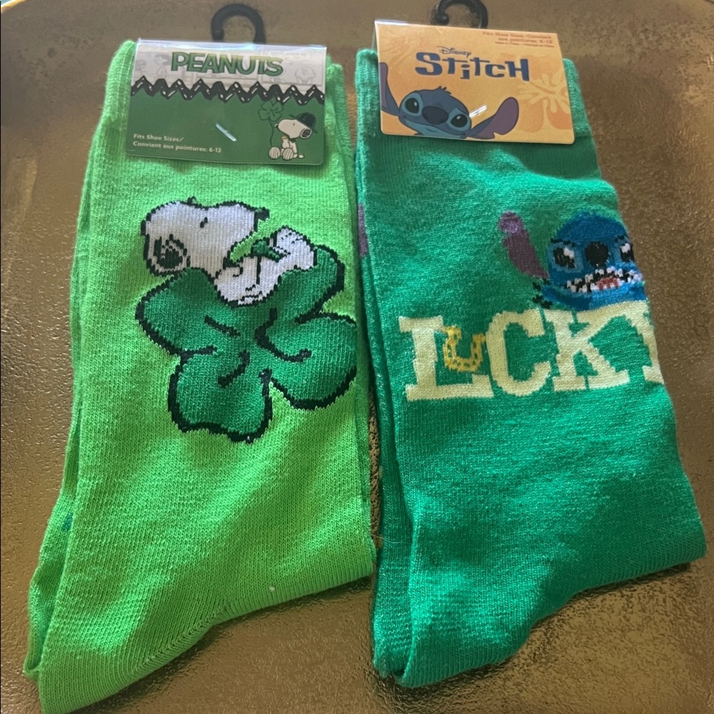 #1351+ Peanuts and Disney Stitch Green Socks - Picture 1 of 3